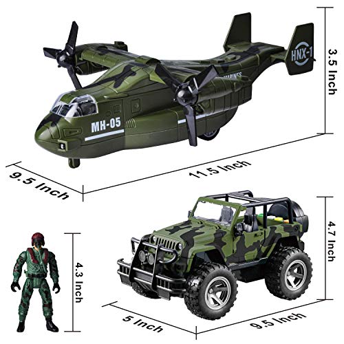 JOYIN Juego de Juguete de vehículo Militar de avión de Transporte y camión Militar con Motor de fricción con Sirenas de luz y Sonido y Figuras de acción de Soldados del ejército para niños