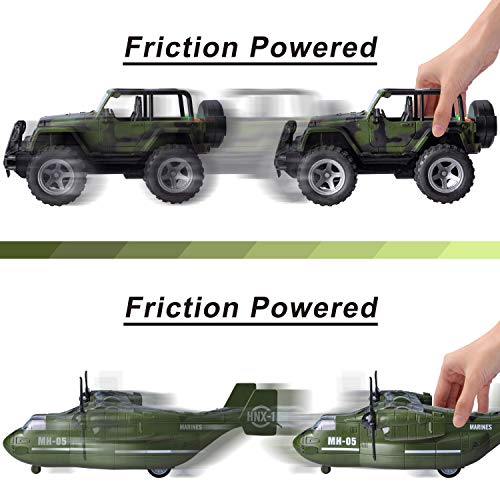 JOYIN Juego de Juguete de vehículo Militar de avión de Transporte y camión Militar con Motor de fricción con Sirenas de luz y Sonido y Figuras de acción de Soldados del ejército para niños