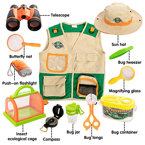 JOYIN Kit de Explorador al Aire Libre para Niños y Juguetes para Atrapar Insectos(Chaleco, sombrero, binoculares, linterna, lupa y brújula)para Exploración en Interiores o Exteriores