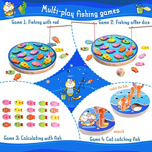 Joyjoz Juego de Pesca para Niños 4 en 1, Juguetes de Madera para Pescar 30 Piezas, Juego Magnético de Peces, Juguetes Montessori, Regalo Educativo para Niños de 3, 4 y 5 años