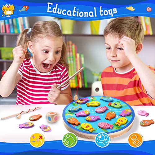 Joyjoz Juego de Pesca para Niños 4 en 1, Juguetes de Madera para Pescar 30 Piezas, Juego Magnético de Peces, Juguetes Montessori, Regalo Educativo para Niños de 3, 4 y 5 años