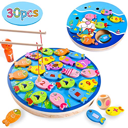 Joyjoz Juego de Pesca para Niños 4 en 1, Juguetes de Madera para Pescar 30 Piezas, Juego Magnético de Peces, Juguetes Montessori, Regalo Educativo para Niños de 3, 4 y 5 años