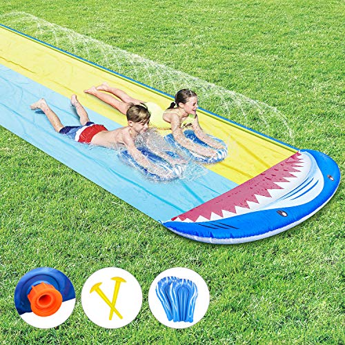 joylink Tobogán de Agua, Juguete jardín resbaladilla de Agua Doble Inflable con 2 Tablas de Bodyboard para Niños Diversión al Aire Libre Juego Acuático, 4.8 x 1.4m