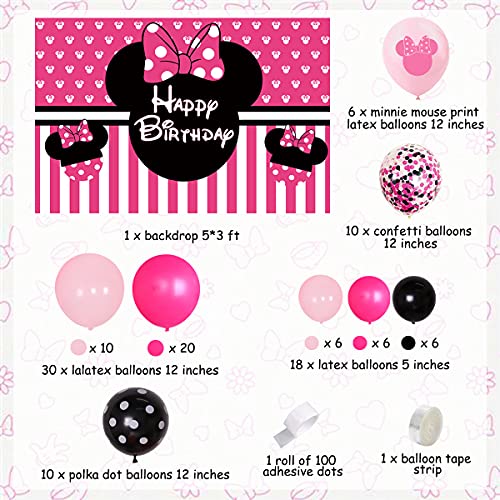 JOYMEMO Suministros para fiesta de cumpleaños con temática de Minnie Mouse, kit de guirnalda de globos rosa rojo rosa negro con telón de fondo de Minnie para niñas 1º 2º 6 meses decoración de fiesta