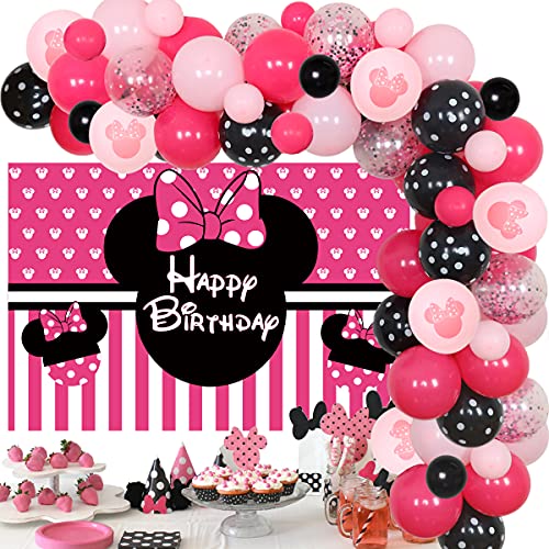 JOYMEMO Suministros para fiesta de cumpleaños con temática de Minnie Mouse, kit de guirnalda de globos rosa rojo rosa negro con telón de fondo de Minnie para niñas 1º 2º 6 meses decoración de fiesta