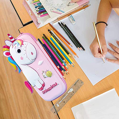 JPYH Estuche de Lápices Unicornio,Estuche con múltiples Compartimentos,Estuche de Lápices con Cremallera de Gran Capacidad Organizador de Papelería para Niñas Estudiantes (Rosa)