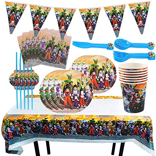 Juego de Cubiertos Reutilizable, Set de 92 Piezas Plato de Dragon Ball para Fiestas Incluye Pancarta Platos Servilletas Pajas Mantel Cucharas Tenedores para Fiesta Baby Shower