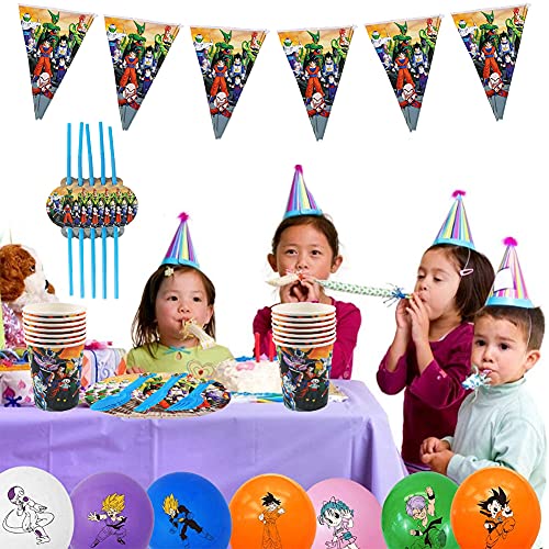 Juego de Cubiertos Reutilizable, Set de 92 Piezas Plato de Dragon Ball para Fiestas Incluye Pancarta Platos Servilletas Pajas Mantel Cucharas Tenedores para Fiesta Baby Shower