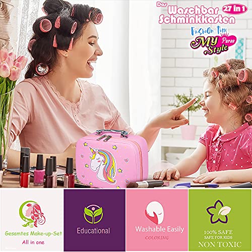 Juego de maquillaje infantil de unicornio, 27 piezas, lavable, seguro, cosmético, no tóxico, juego de maquillaje con juguetes para niñas pequeñas, princesas, Navidad, cumpleaños, regalo de 4-8 años