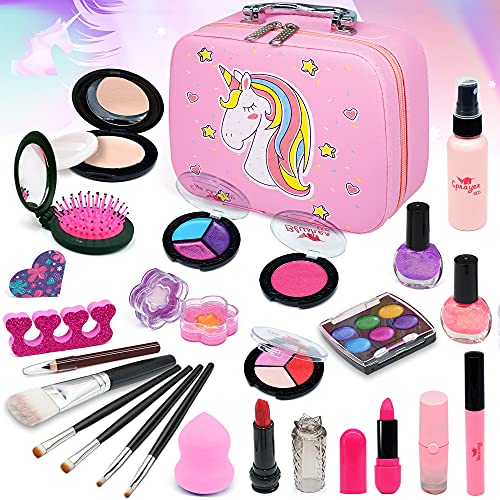 Juego de maquillaje infantil de unicornio, 27 piezas, lavable, seguro, cosmético, no tóxico, juego de maquillaje con juguetes para niñas pequeñas, princesas, Navidad, cumpleaños, regalo de 4-8 años