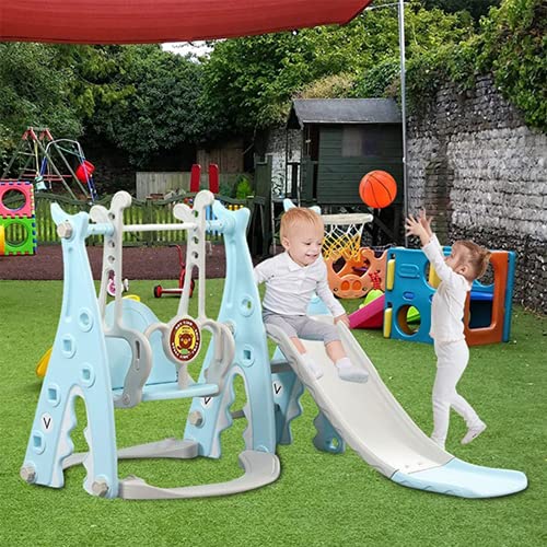 Juego de tobogán y columpio para niños pequeños 4 en 1, juego de tobogán de escalador con aro de baloncesto extra largo, fácil de configurar para interior y exterior patio trasero