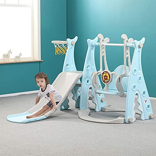 Juego de tobogán y columpio para niños pequeños 4 en 1, juego de tobogán de escalador con aro de baloncesto extra largo, fácil de configurar para interior y exterior patio trasero