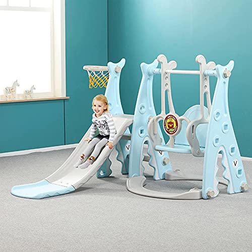 Juego de tobogán y columpio para niños pequeños 4 en 1, juego de tobogán de escalador con aro de baloncesto extra largo, fácil de configurar para interior y exterior patio trasero