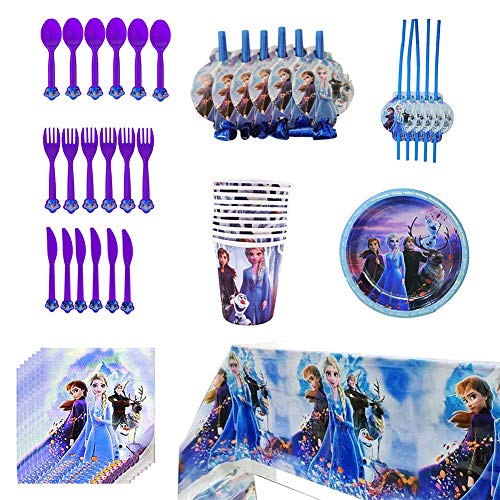 Juego de vajilla para fiestas, Vajilla Fiesta fiesta frozen Decoración Cumpleaños Conjunto de Suministros Tazas Utensilios para Niños Cumpleaños Niñas Juego de decoración de artículos para fiestas