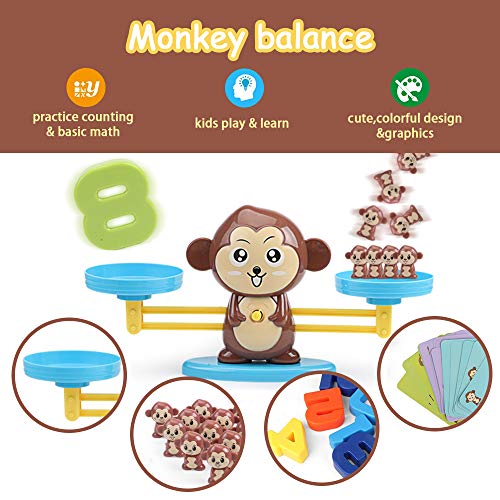 Juguete de Matemáticas, 82 pcs Monkey Digital Scales Balance Tarjetas de Matemáticas Bloque Digital Juego Educativo Juegos de Matemáticas Regalo para Niños y Niñas (Brown Monkey)