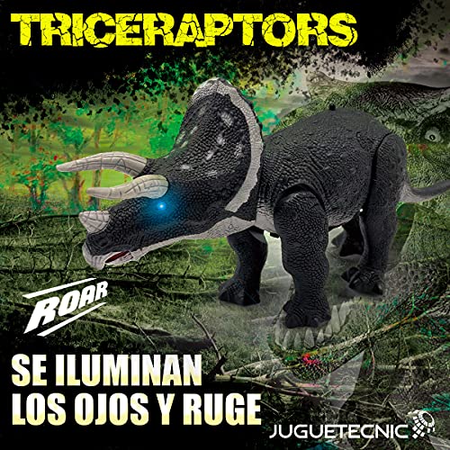 JUGUETECNIC │ Dinosaurio Juguete Teledirigido Triceratops Para Niños │ Mando Radiocontrol │Rugidos y movimientos reales │ Con Movimiento, Luz y Sonido