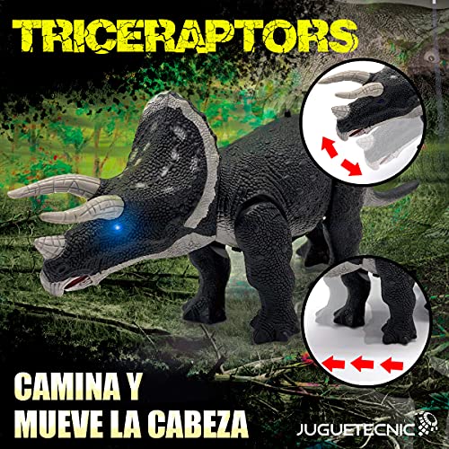 JUGUETECNIC │ Dinosaurio Juguete Teledirigido Triceratops Para Niños │ Mando Radiocontrol │Rugidos y movimientos reales │ Con Movimiento, Luz y Sonido