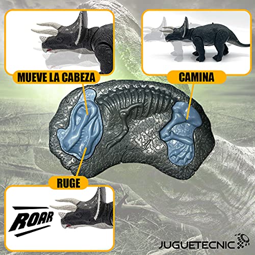 JUGUETECNIC │ Dinosaurio Juguete Teledirigido Triceratops Para Niños │ Mando Radiocontrol │Rugidos y movimientos reales │ Con Movimiento, Luz y Sonido