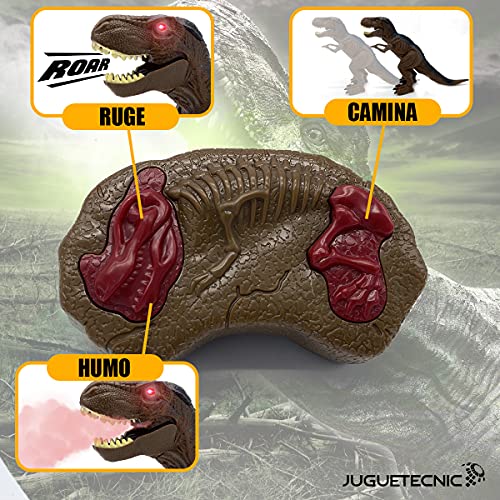 JUGUETECNIC | Dinosaurio T-Rex Teledirigido | Camina, Ruge, Luz y Humo | Juguete RC para niños | Robot Tiranosaurio Rex Interactivo | Tamaño Pequeño