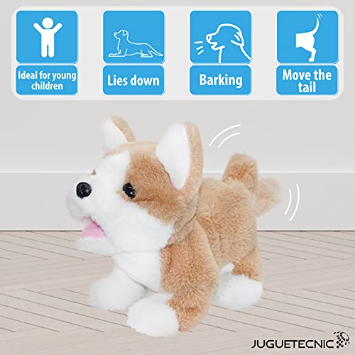 JUGUETECNIC │ Perro Robot Realista │Mi Primer Perrito Robot de Peluche │ Ladra, anda se acuesta y Mueve su colita (Corgi)