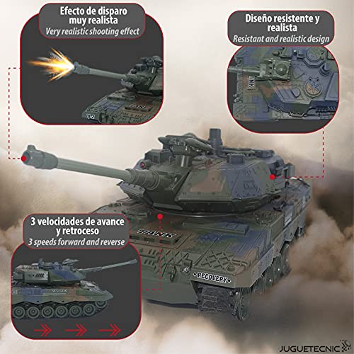 JUGUETECNIC │ Tanque Teledirigido RC Leopard | Efectos Sonido + Humo + Figura Militar | 3 Velocidades de Tanque Radiocontrol │ Escala 1:18