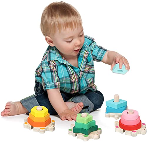 Juguetes Bebe, Goorder De Madera Rompecabezas Set Juguete Montessori, Juguetes Educativos para Bebés, para niños niñas 1 2 3 4 años Forma Reconocimiento Geometría Bloques de Stack & Sort Board