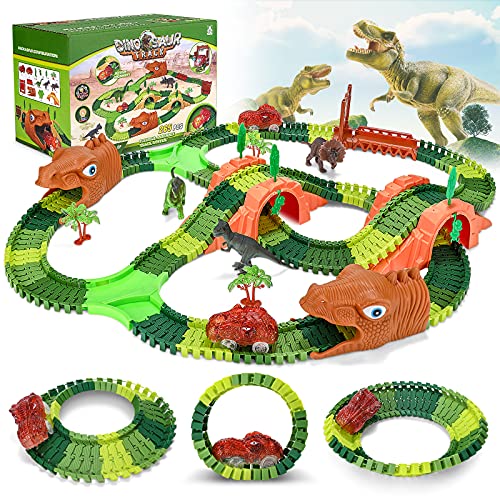 Juguetes de Pista Coche Dinosaurio para Niños, 265 Piezas Dinosaurios Pista de Coches con 2 Dinosaurio Coche Iuminiscente，Circuitos de Carreras de Juguete para Niños para Niños Regalo