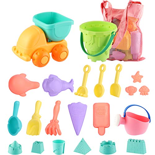 Juguetes de Playa para niños, Niños Material Plastico Juguetes Arena y Arena para niños con Camion Bucket Castle Moldes y Bolsa de Malla Material plastico Blando