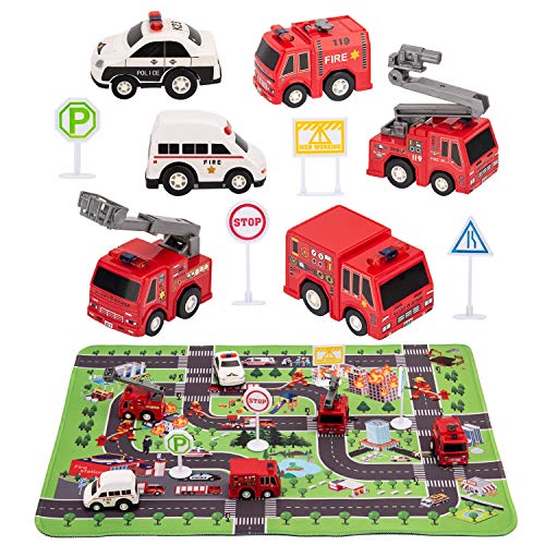 Juguetes para camiones de bomberos, vehículos de juego para niños con tapete de juego, 6 motores de bomberos, mini juguetes para coche, regalo de fiesta de cumpleaños de Navidad