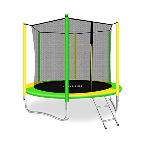 JUJIN - Cama elástica para niños (8 pies/244 cm, con red de seguridad y escalera de trampolín, color amarillo/azul