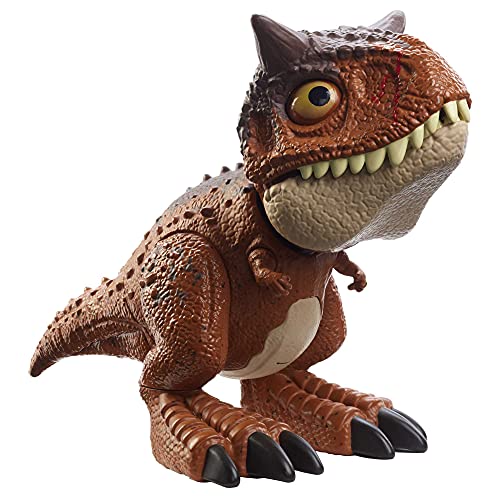 Jurassic World Bebé Carnotaurus mordedor Dinosaurio articulado con movimientos y sonidos, figura de juguete para niños (Mattel HBY85)