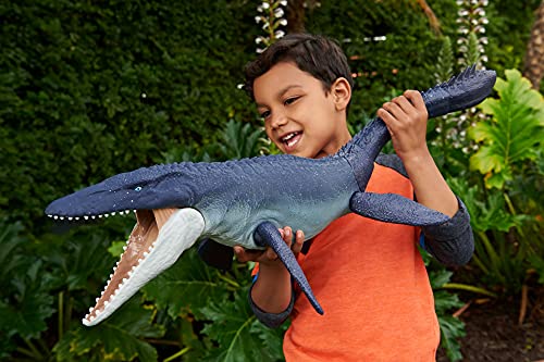 Jurassic World Mosasaurus defensor del océano Dinosaurio articulado hecho con plastico reciclado, figura de juguete para niños (Mattel HCB04)