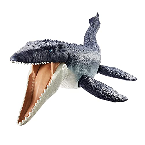 Jurassic World Mosasaurus defensor del océano Dinosaurio articulado hecho con plastico reciclado, figura de juguete para niños (Mattel HCB04)