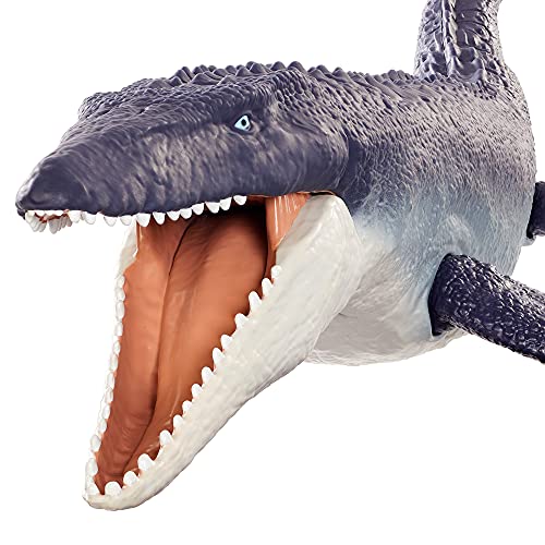 Jurassic World Mosasaurus defensor del océano Dinosaurio articulado hecho con plastico reciclado, figura de juguete para niños (Mattel HCB04)