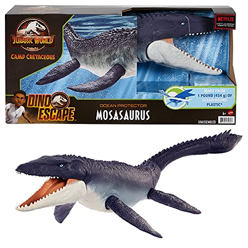 Jurassic World Mosasaurus defensor del océano Dinosaurio articulado hecho con plastico reciclado, figura de juguete para niños (Mattel HCB04)