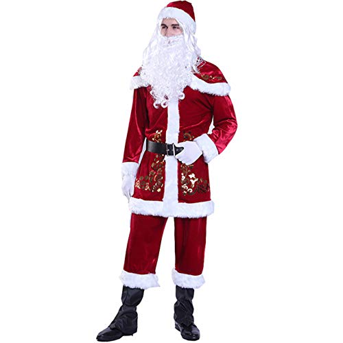 Kaizizi - Traje de Papá Noel para hombre, 5 piezas Disfraz navideño de Papá Noel para hombre adulto, incluye barba y prendas clásicas navideñas de franela para cosplay