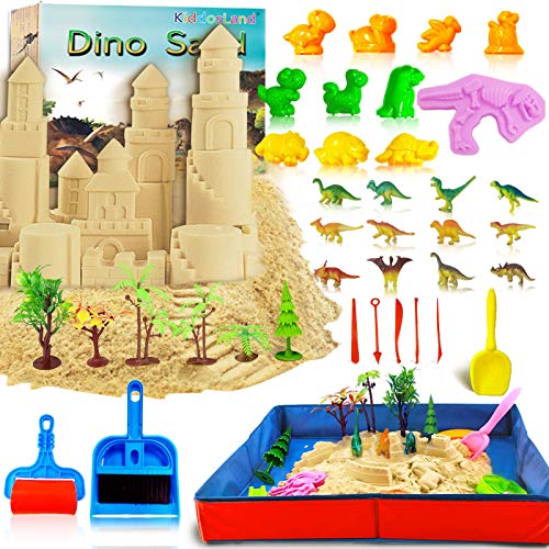 KiddosLand Arena Mágica de 3 lbs, Arena Play Sand Figuras de Dinosaurios y Criaturas prehistóricas de Juguete Never Dry Molding Juguetes de Arena DIY Juguete de Interior para Niños