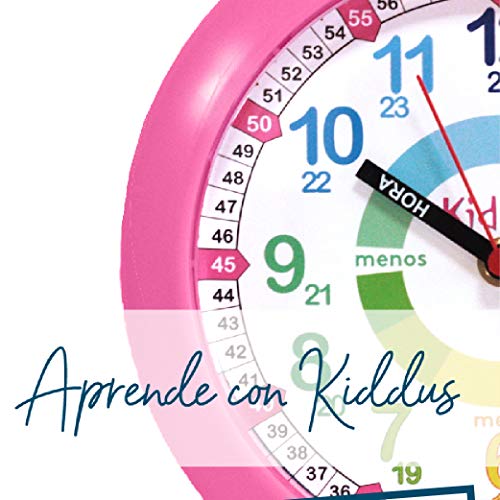 Kiddus Reloj Pedagógico para Niñas y Niños. De Pared, Analógico. Aprende la Hora con Nuestro Fácil Sistema Time Teacher. Ejercicios Incluídos. Mecanismo Silencioso. Pared Rosa