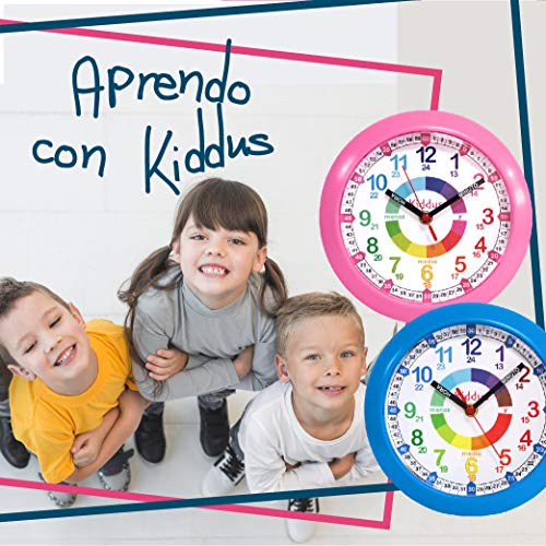 Kiddus Reloj Pedagógico para Niñas y Niños. De Pared, Analógico. Aprende la Hora con Nuestro Fácil Sistema Time Teacher. Ejercicios Incluídos. Mecanismo Silencioso. Pared Rosa