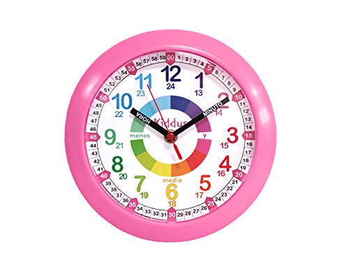 Kiddus Reloj Pedagógico para Niñas y Niños. De Pared, Analógico. Aprende la Hora con Nuestro Fácil Sistema Time Teacher. Ejercicios Incluídos. Mecanismo Silencioso. Pared Rosa