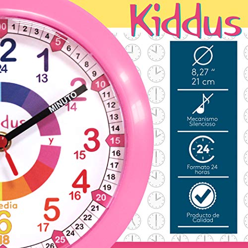 Kiddus Reloj Pedagógico para Niñas y Niños. De Pared, Analógico. Aprende la Hora con Nuestro Fácil Sistema Time Teacher. Ejercicios Incluídos. Mecanismo Silencioso. Pared Rosa