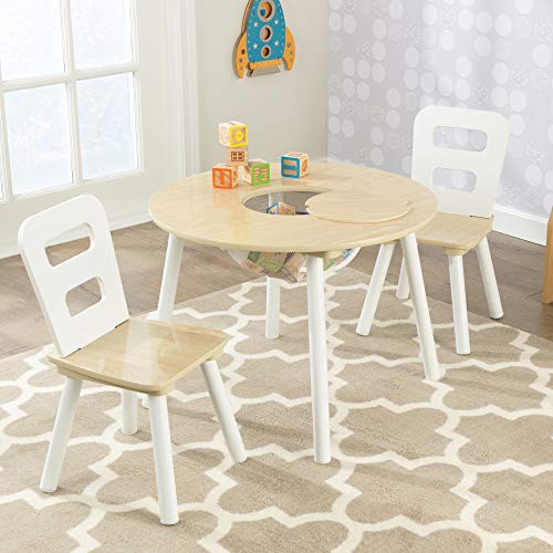 KidKraft 27027 Juego infantil de mesa redonda y 2 sillas de madera, muebles para salas de juego y dormitorio de niños - Natural y blanco