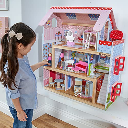 KidKraft 65054 Casa de muñecas de madera Chelsea Doll Cottage para muñecas de 12 cm con 16 accesorios incluidos y 3 niveles de juego