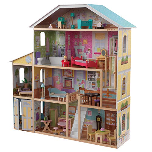 KidKraft 65252 Casa de muñecas de madera Majestic Mansion para muñecas de 30 cm con 34 accesorios incluidos y 4 niveles de juego