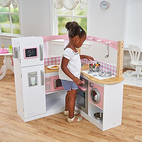 KidKraft- Cocina de juguete de madera para niños con accesorios para juegos de dramatización incluidos Grand Gourmet Corner , Color Rosa y blanco (53185)