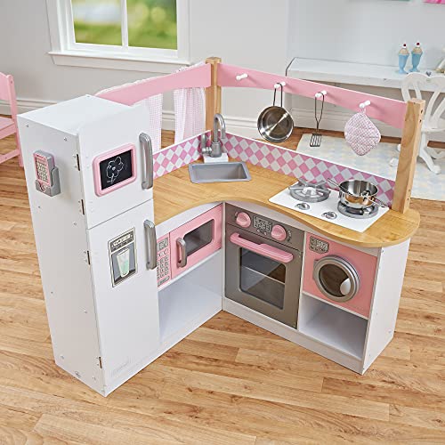 KidKraft- Cocina de juguete de madera para niños con accesorios para juegos de dramatización incluidos Grand Gourmet Corner , Color Rosa y blanco (53185)