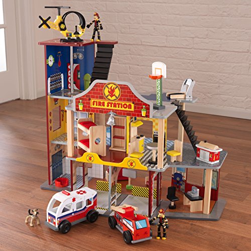 KidKraft- Deluxe Fire Rescue Estación de bomberos de juguete con kit de accesorios de 27 piezas y vehículos , Color Marrón (63214)