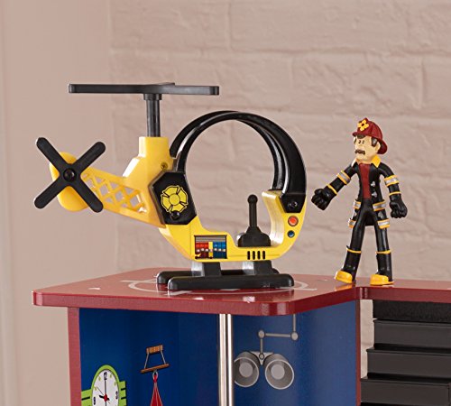 KidKraft- Deluxe Fire Rescue Estación de bomberos de juguete con kit de accesorios de 27 piezas y vehículos , Color Marrón (63214)