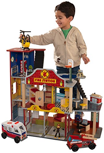 KidKraft- Deluxe Fire Rescue Estación de bomberos de juguete con kit de accesorios de 27 piezas y vehículos , Color Marrón (63214)