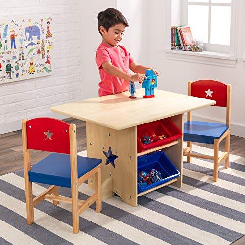 KidKraft- Juego de mesa y 2 sillas de madera con corazón con compartimentos de almacenamiento, cuarto de juegos para niños / muebles de dormitorio Heart , Color Rojo y azul (26912)